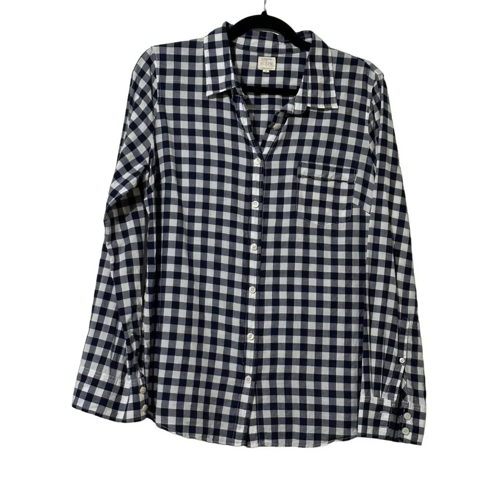 J. Crew women’s size M navy blue check cotton long sleeve button front shirt top - Picture 1 of 7
